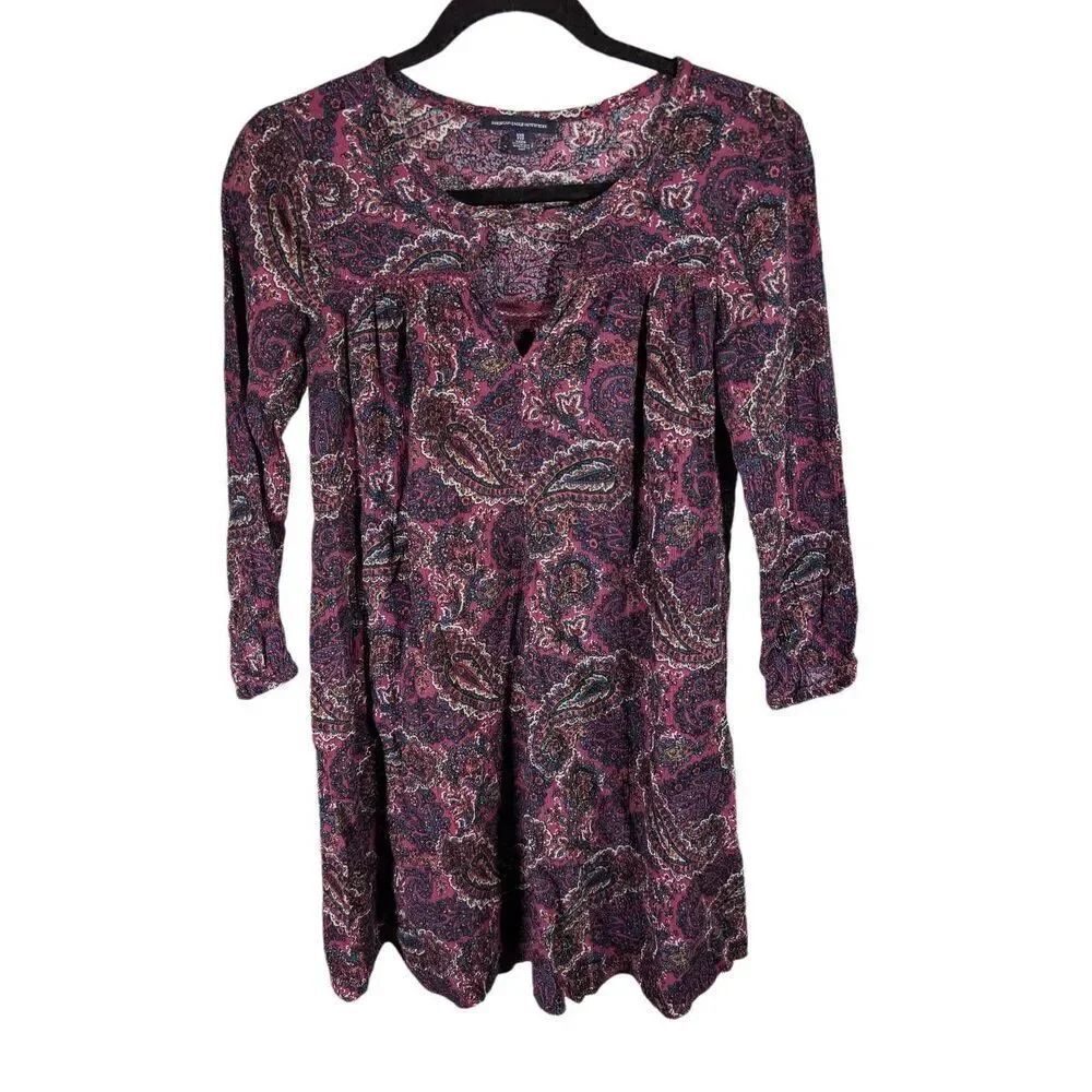 American Eagle Burgundy Paisley Tunic Dress Boho Keyhole Casual Women's Size XXS